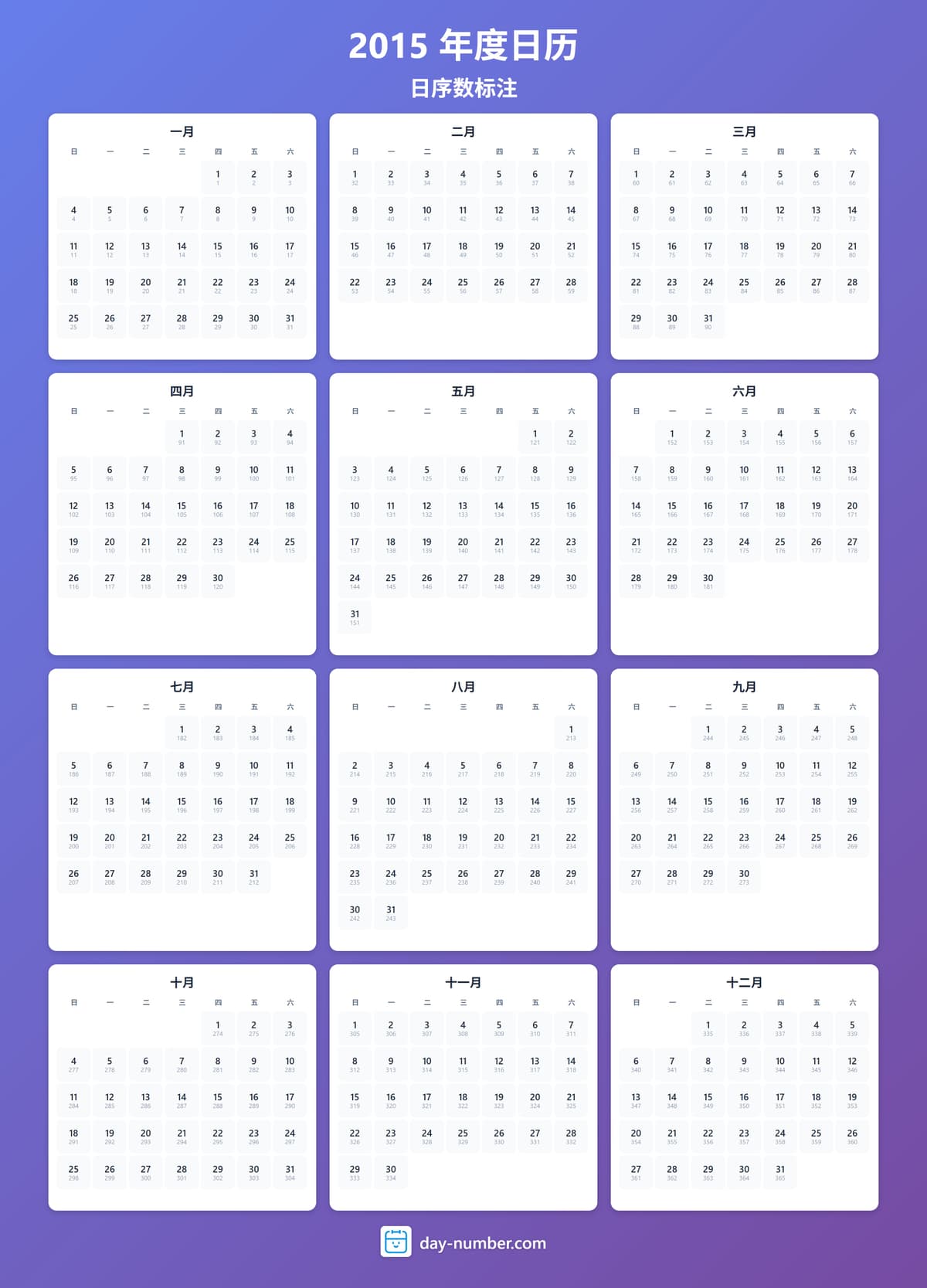 查看2015年完整日序数日历 - 追踪全年进度 2015-day-numbers-Calendar-zh-bg-bluepurple-day-number