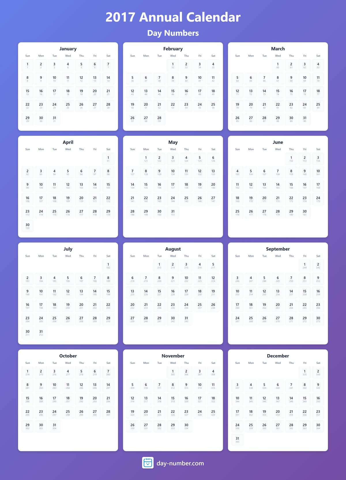 View 2017 complete day number calendar - Track yearly progress 2017-day-numbers-Calendar-en-bg-bluepurple-day-number