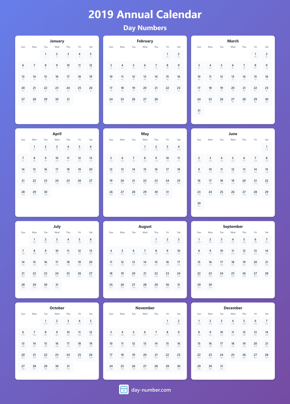 View 2019 complete day number calendar - Track yearly progress 2019-day-numbers-Calendar-en-bg-bluepurple-day-number