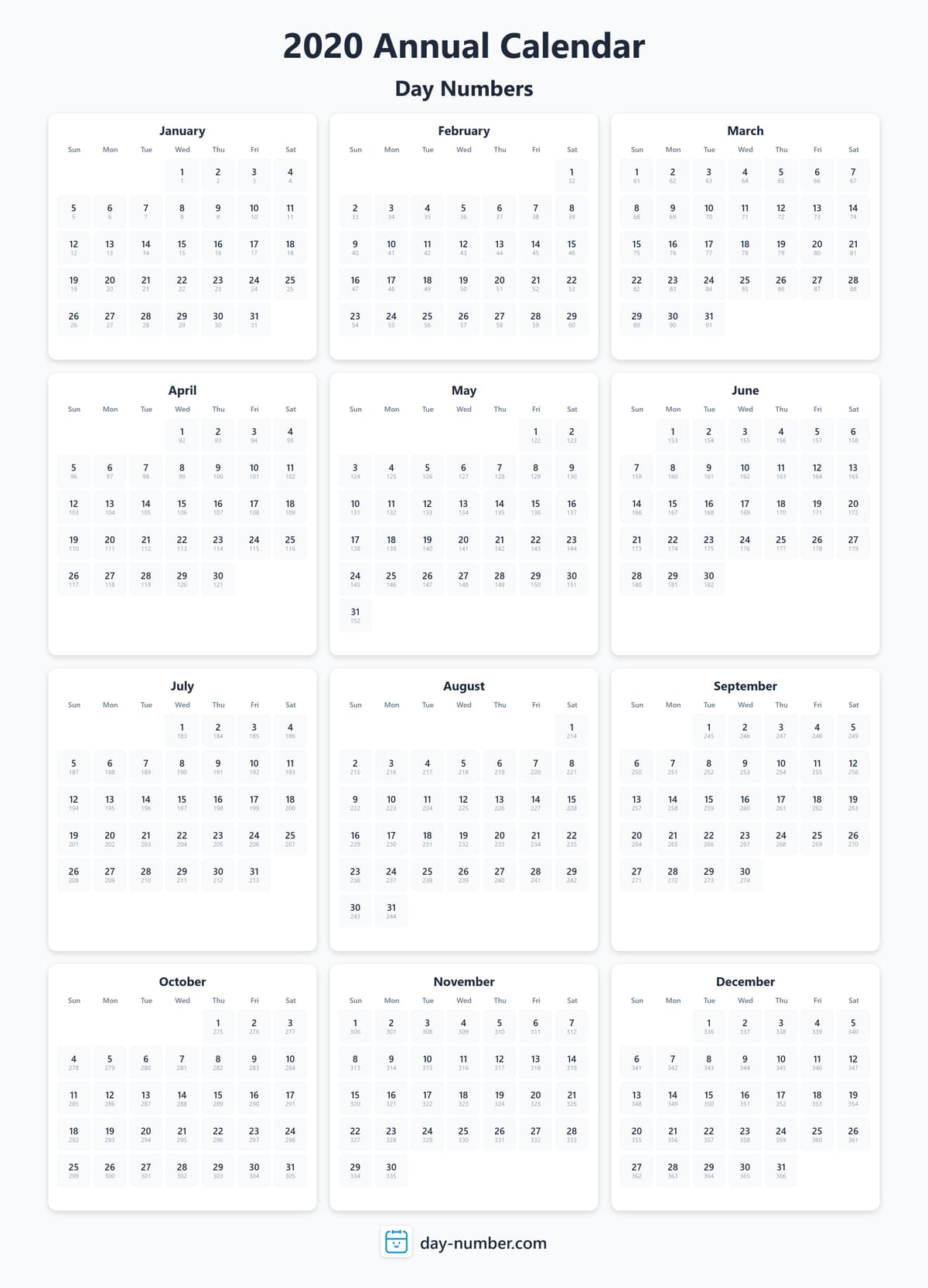 View 2020 complete day number calendar - Track yearly progress 2020-day-numbers-Calendar-en-bg-Dwhite-day-number