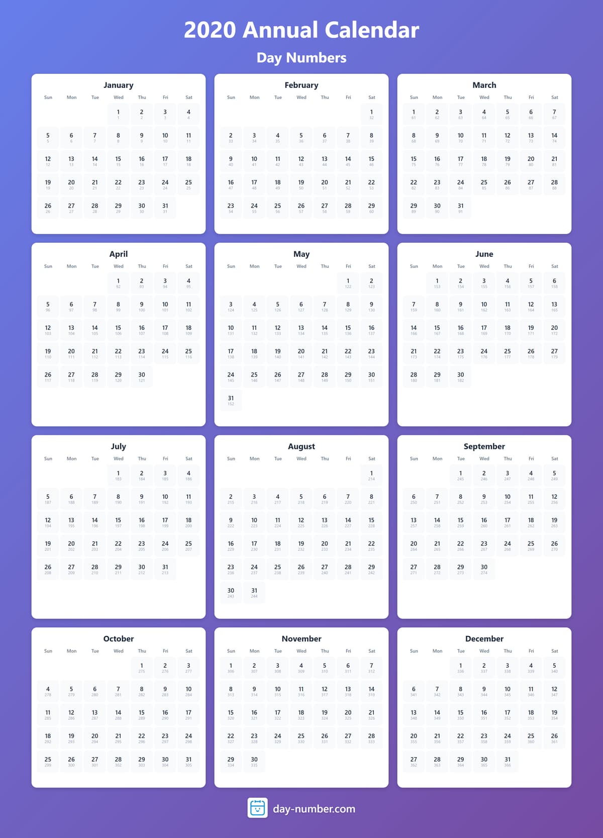 View 2020 complete day number calendar - Track yearly progress 2020-day-numbers-Calendar-en-bg-bluepurple-day-number
