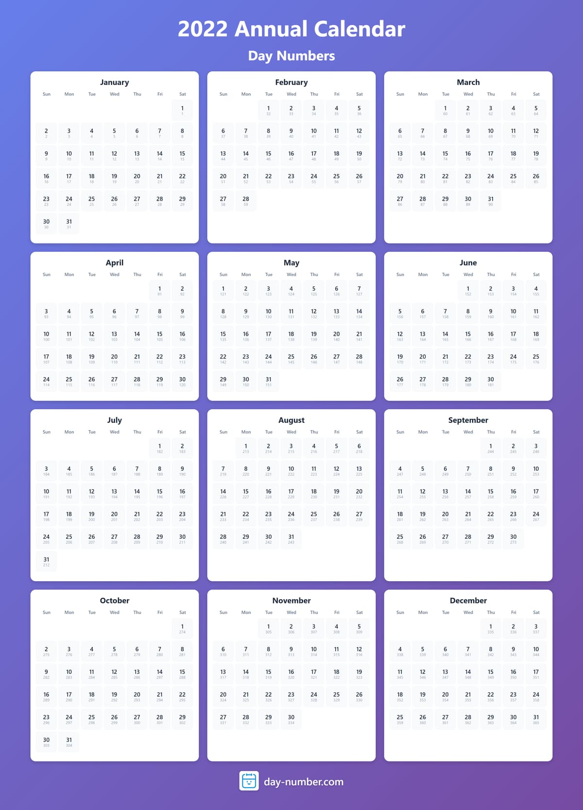View 2022 complete day number calendar - Track yearly progress 2022-day-numbers-Calendar-en-bg-bluepurple-day-number
