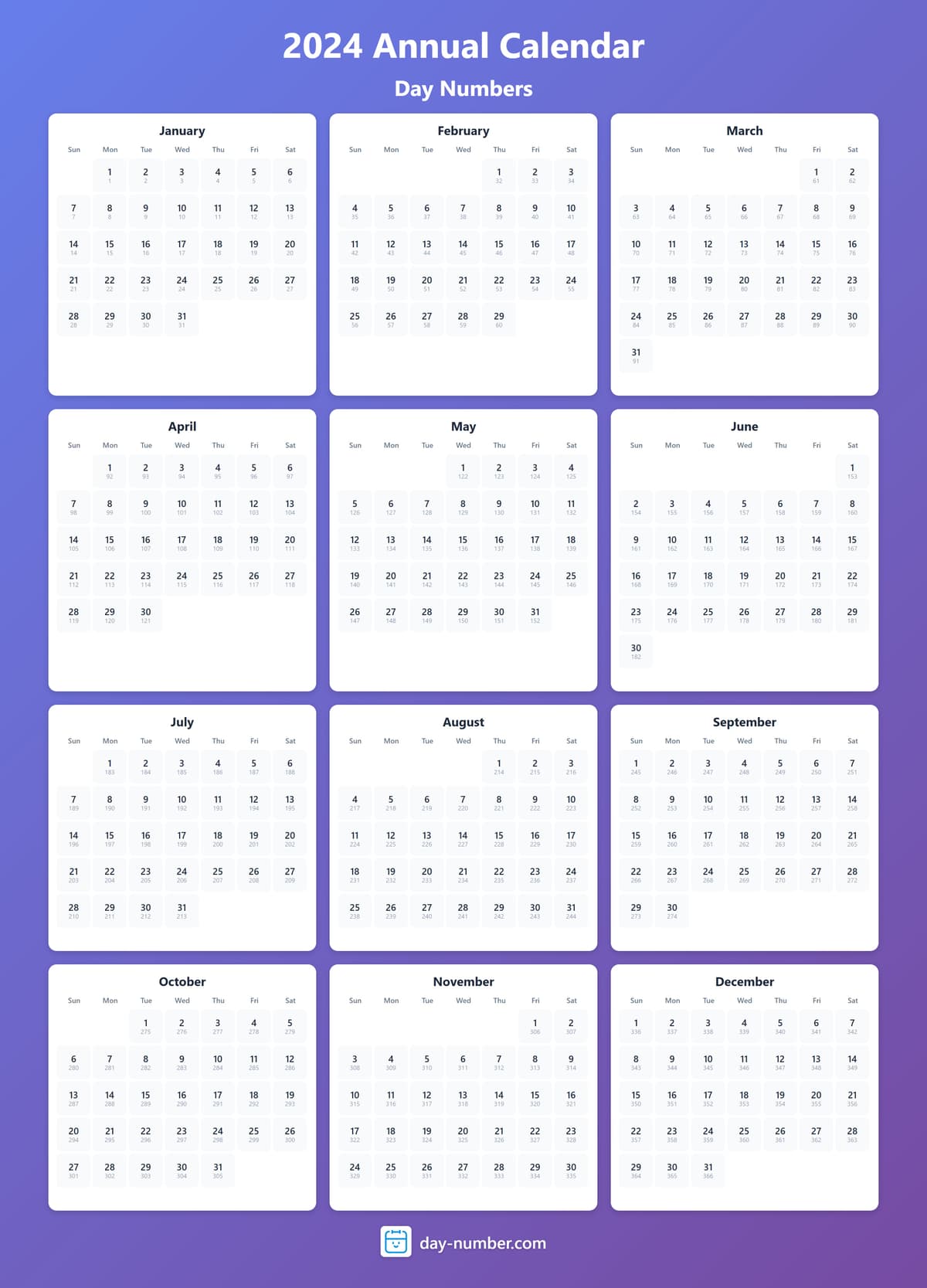 View 2024 complete day number calendar - Track yearly progress 2024-day-numbers-Calendar-en-bg-bluepurple-day-number