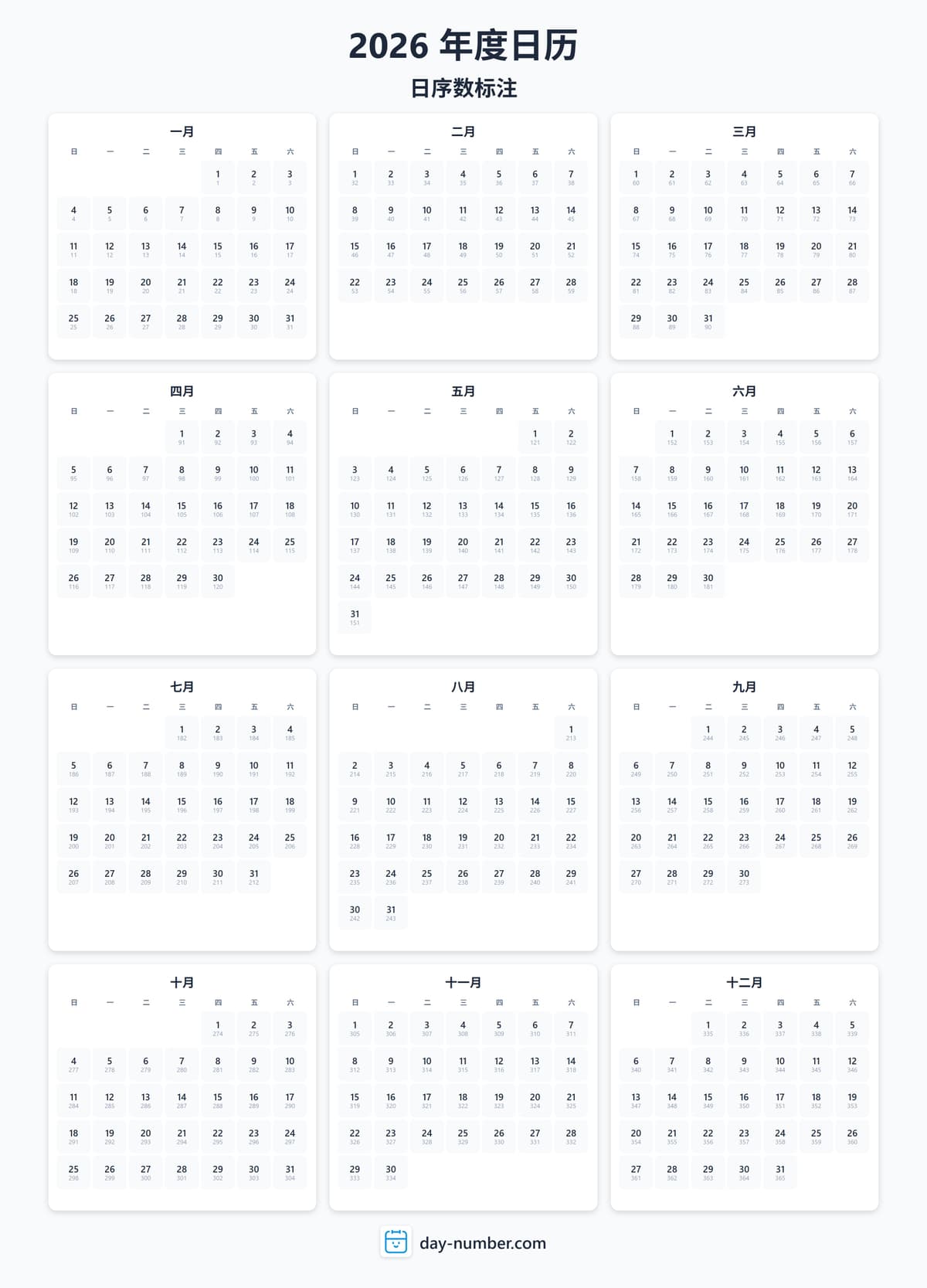 查看2026年完整日序数日历 - 追踪全年进度 2026-day-numbers-Calendar-zh-bg-Dwhite-day-number
