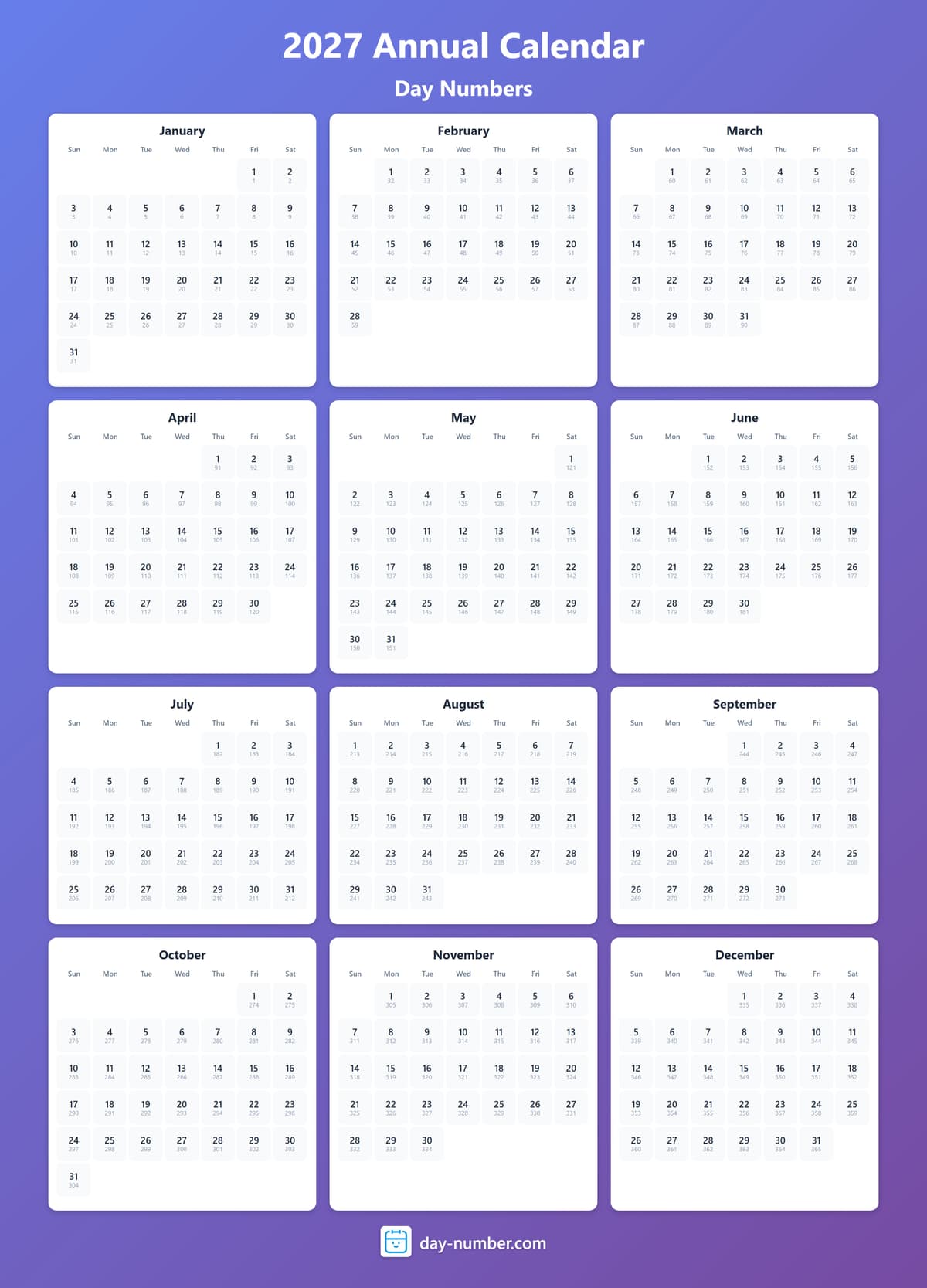 View 2027 complete day number calendar - Track yearly progress 2027-day-numbers-Calendar-en-bg-bluepurple-day-number