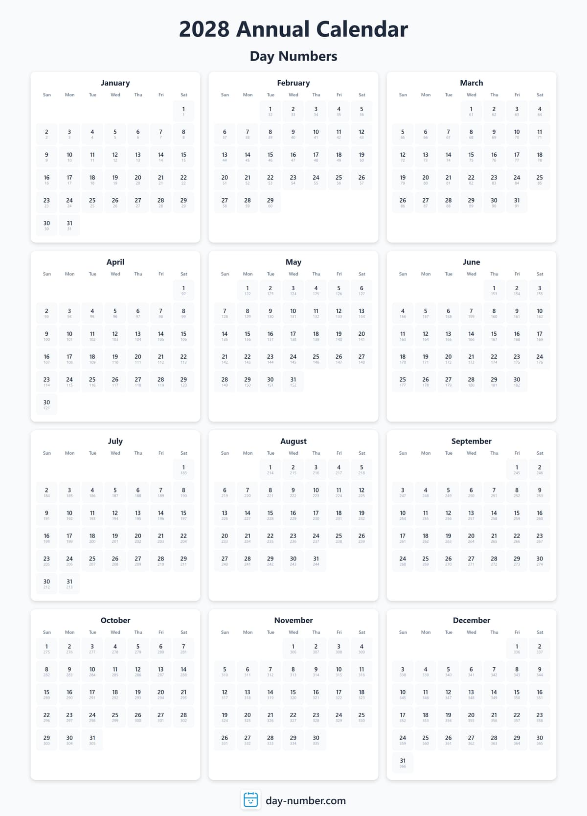 View 2028 complete day number calendar - Track yearly progress 2028-day-numbers-Calendar-en-bg-Dwhite-day-number
