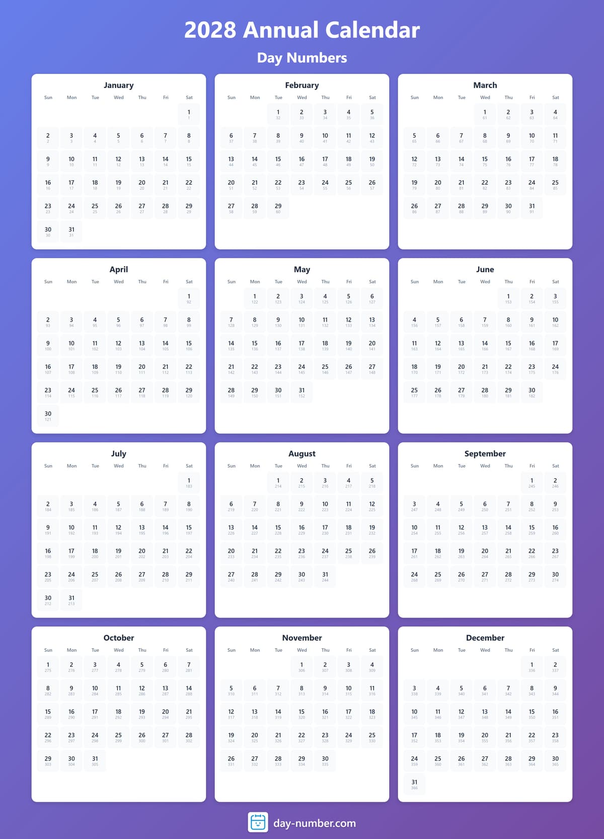 View 2028 complete day number calendar - Track yearly progress 2028-day-numbers-Calendar-en-bg-bluepurple-day-number
