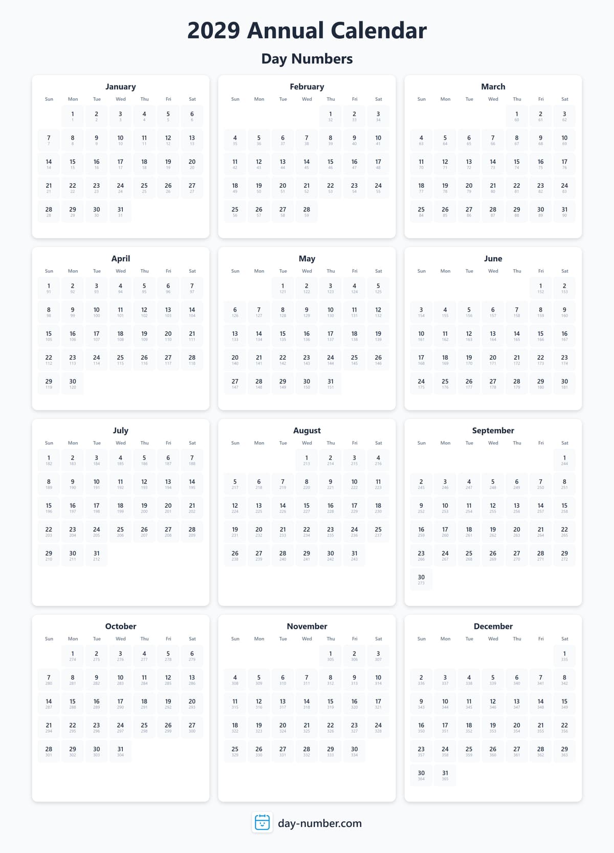 View 2029 complete day number calendar - Track yearly progress 2029-day-numbers-Calendar-en-bg-Dwhite-day-number