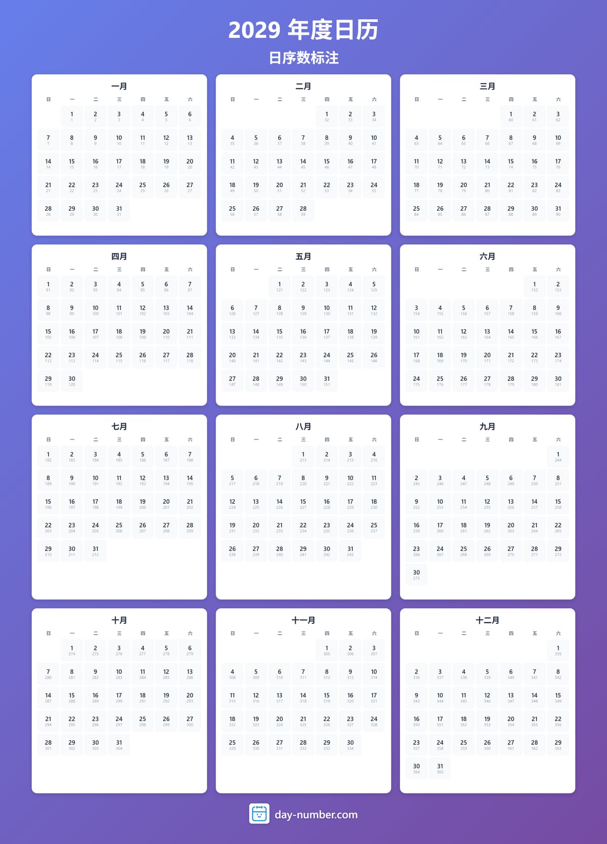 查看2029年完整日序数日历 - 追踪全年进度 2029-day-numbers-Calendar-zh-bg-bluepurple-day-number