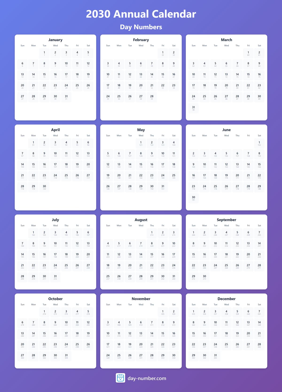 View 2030 complete day number calendar - Track yearly progress 2030-day-numbers-Calendar-en-bg-bluepurple-day-number