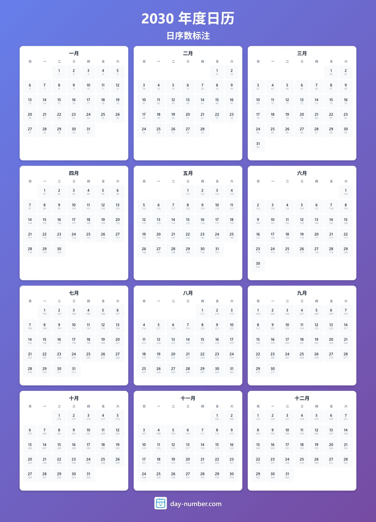 查看2030年完整日序数日历 - 追踪全年进度 2030-day-numbers-Calendar-zh-bg-bluepurple-day-number