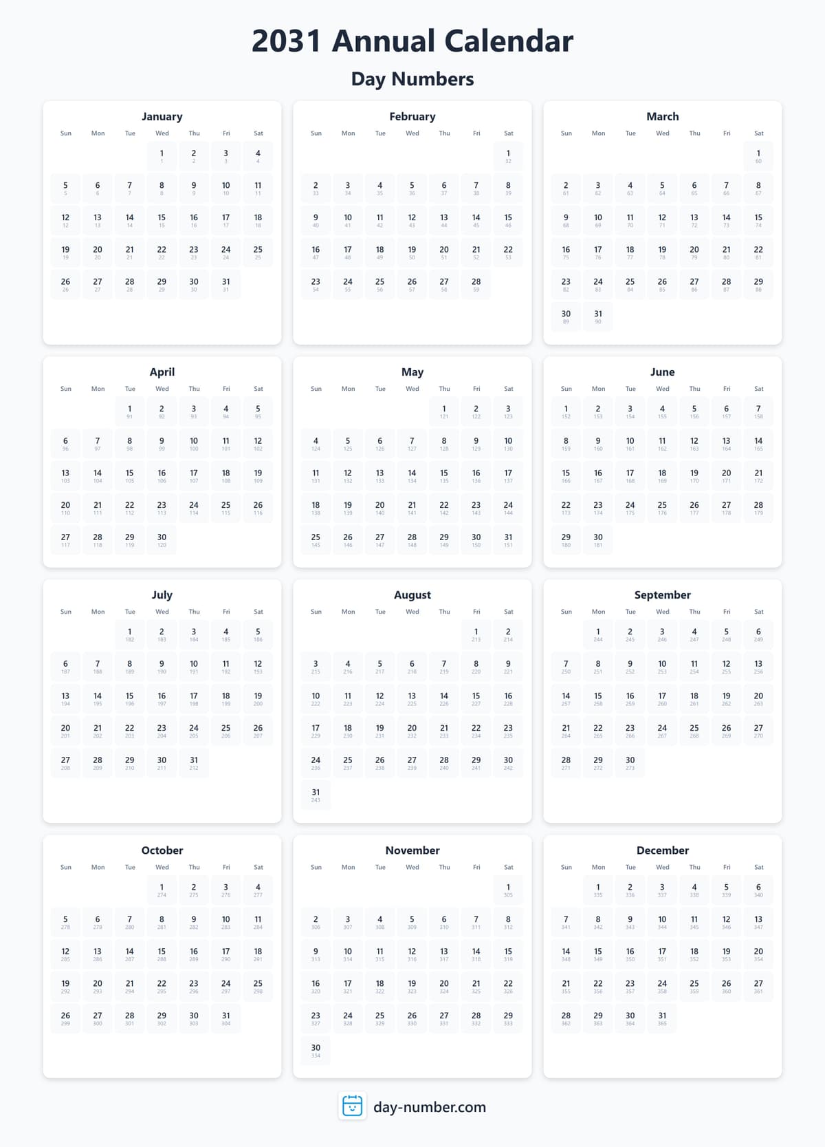View 2031 complete day number calendar - Track yearly progress 2031-day-numbers-Calendar-en-bg-Dwhite-day-number