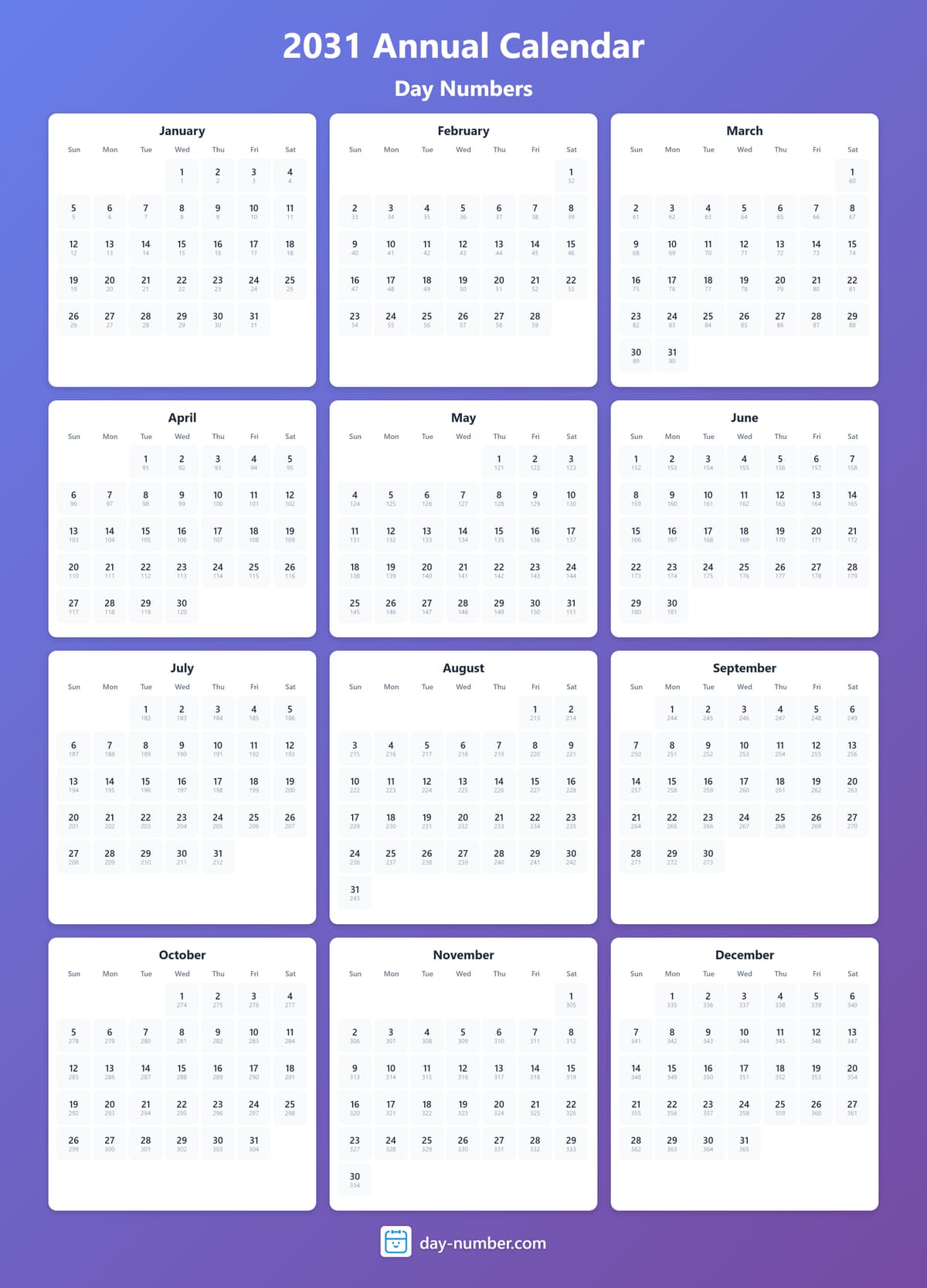 View 2031 complete day number calendar - Track yearly progress 2031-day-numbers-Calendar-en-bg-bluepurple-day-number