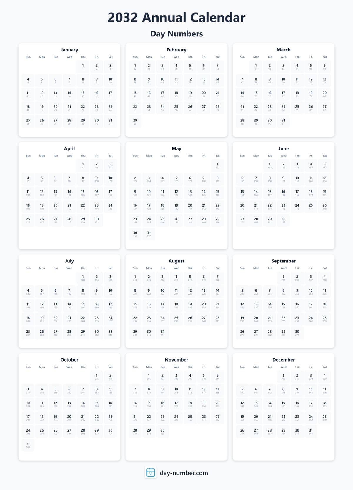 View 2032 complete day number calendar - Track yearly progress 2032-day-numbers-Calendar-en-bg-Dwhite-day-number