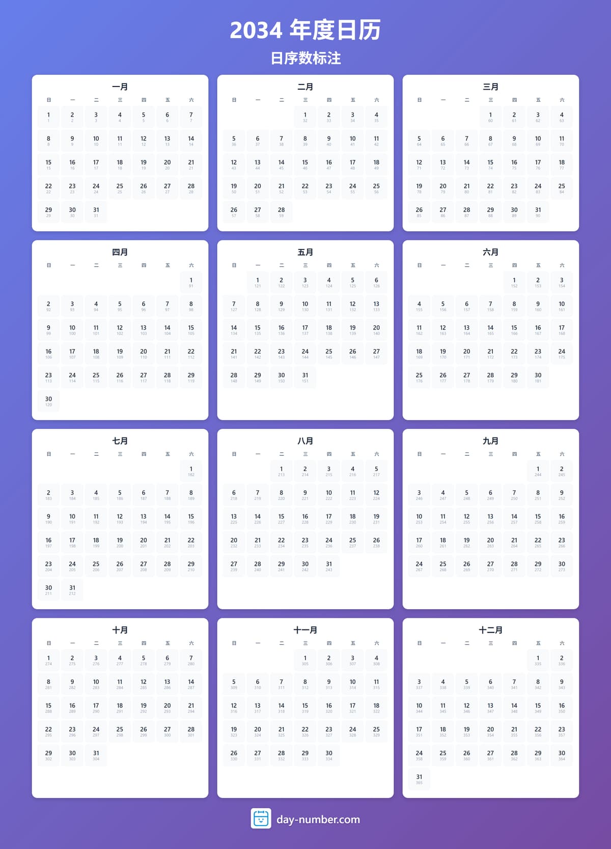 查看2034年完整日序数日历 - 追踪全年进度 2034-day-numbers-Calendar-zh-bg-bluepurple-day-number
