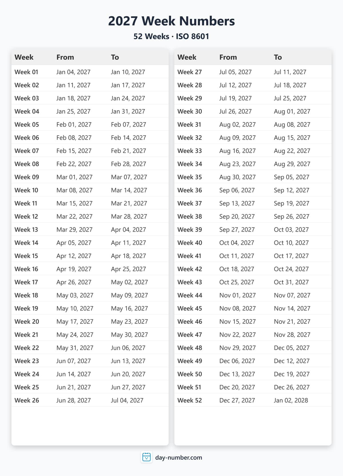 View 2027 complete week number calendar - ISO 8601 standard 2027-week-numbers-Calendar-en-bg-Dwhite-day-number