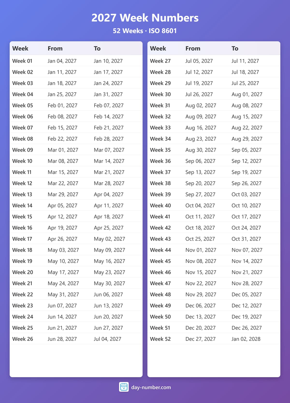 View 2027 complete week number calendar - ISO 8601 standard 2027-week-numbers-Calendar-en-bg-bluepurple-day-number