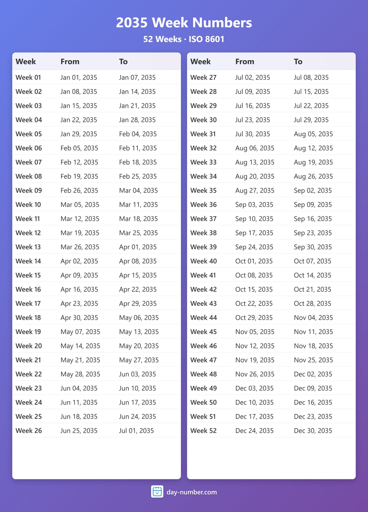 View 2035 complete week number calendar - ISO 8601 standard 2035-week-numbers-Calendar-en-bg-bluepurple-day-number